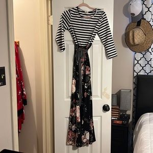 Stripe sleeve tie waist maxi dress